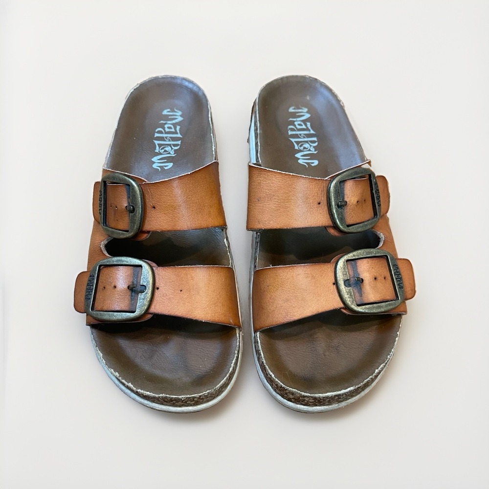 Mad Love Brown Leather Sandals Womens Size 6 Buckle Double Strap Slide Casual